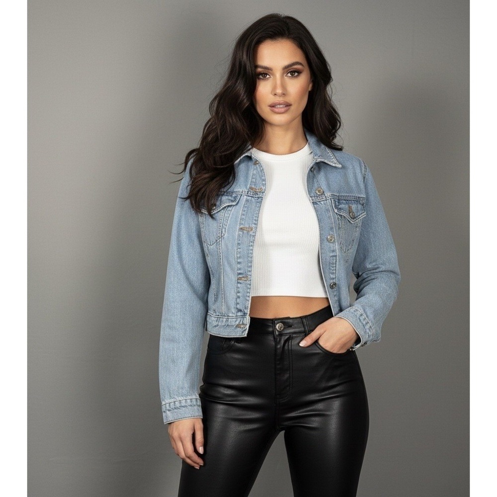 Topshop Womens Long Sleeve Blue Light Wash Trucker Cropped Denim Jacket 8